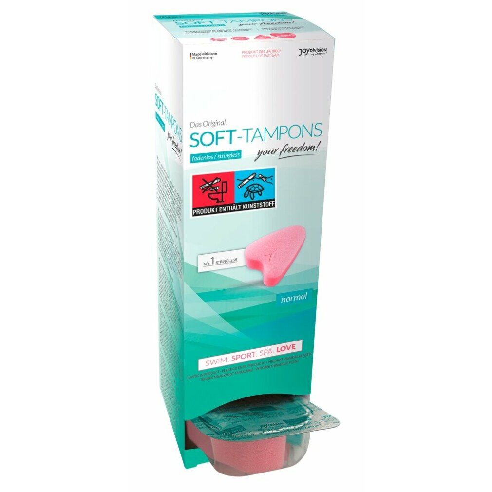 Verpackung von Soft-Tampons. Rosa Tampon in der Verpackung sichtbar. Text: normal.
