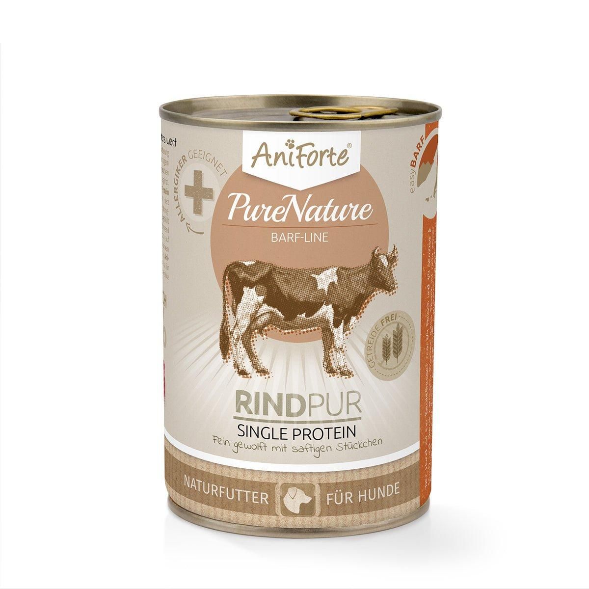 Eine Dose Nassfutter mit Rind. Aufschrift: AniForte Pure Nature Rind Pur, Single Protein.