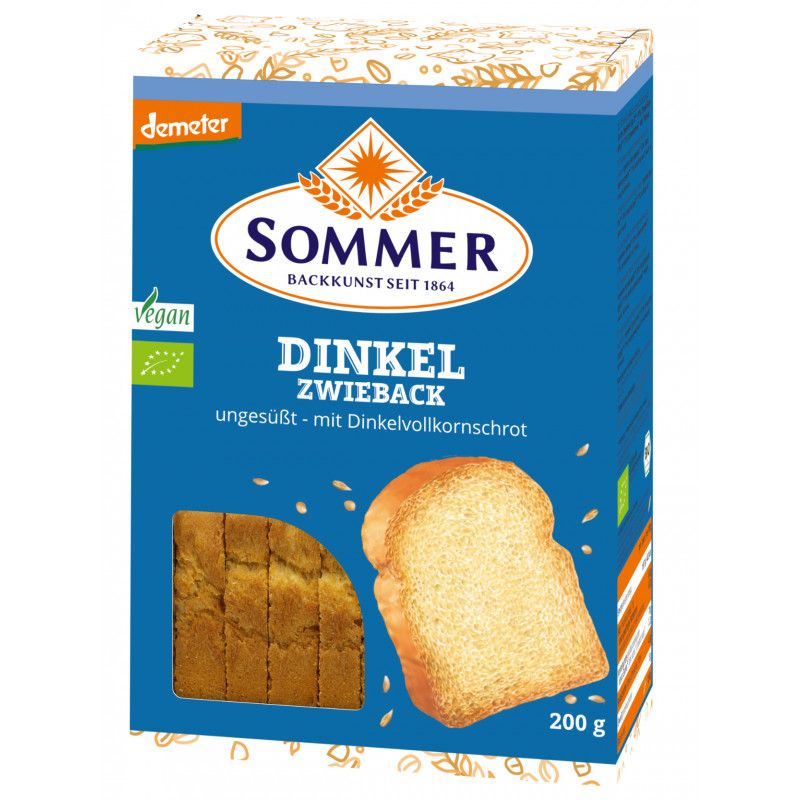 Blaue Verpackung mit "Sommer" und "Dinkel Zwieback". Vegan-Siegel und Demeter-Logo. Zwieback-Abbildungen.