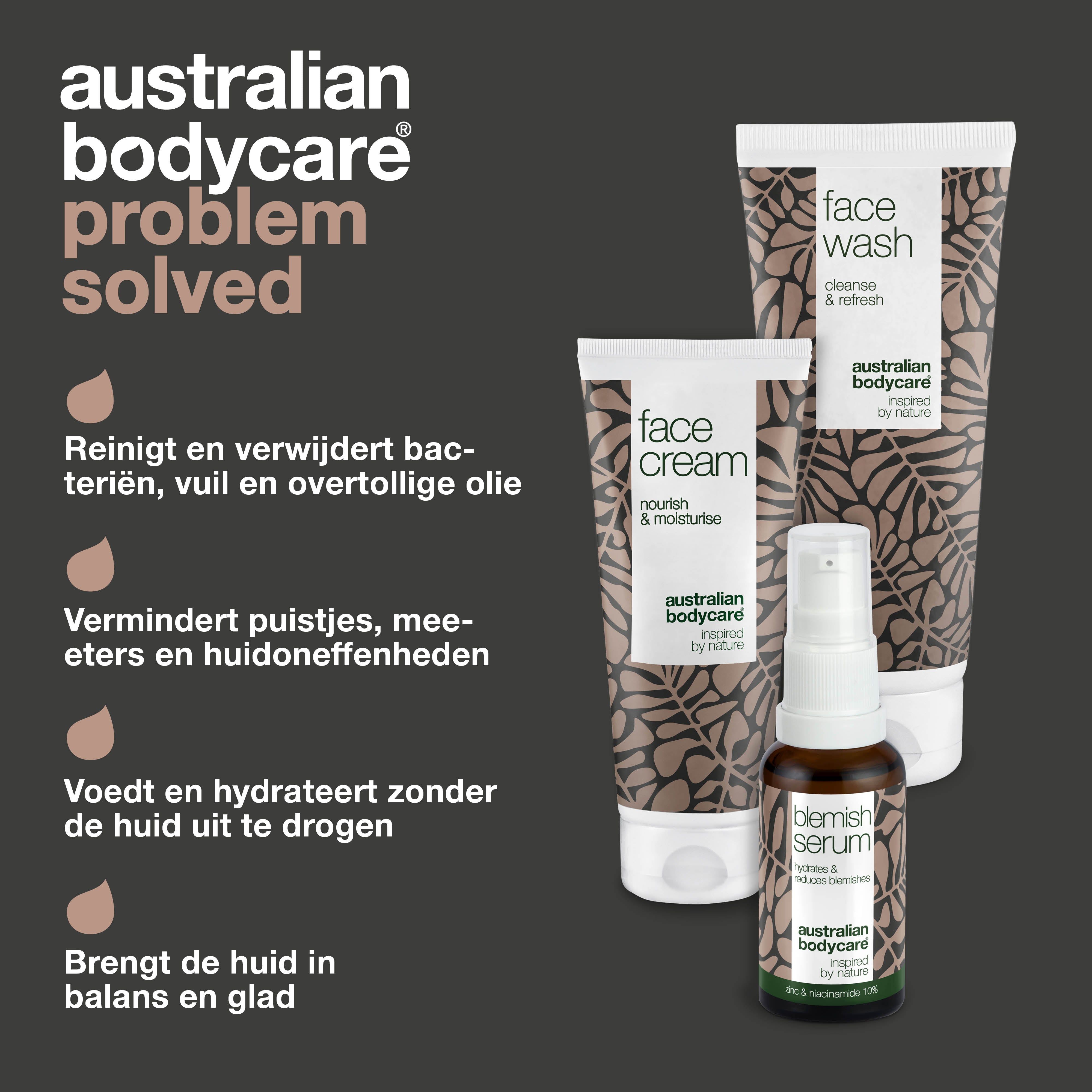 Grafiek met producten en tekst. Tekst: Australian Bodycare, probleem opgelost. Voordelen van de producten.