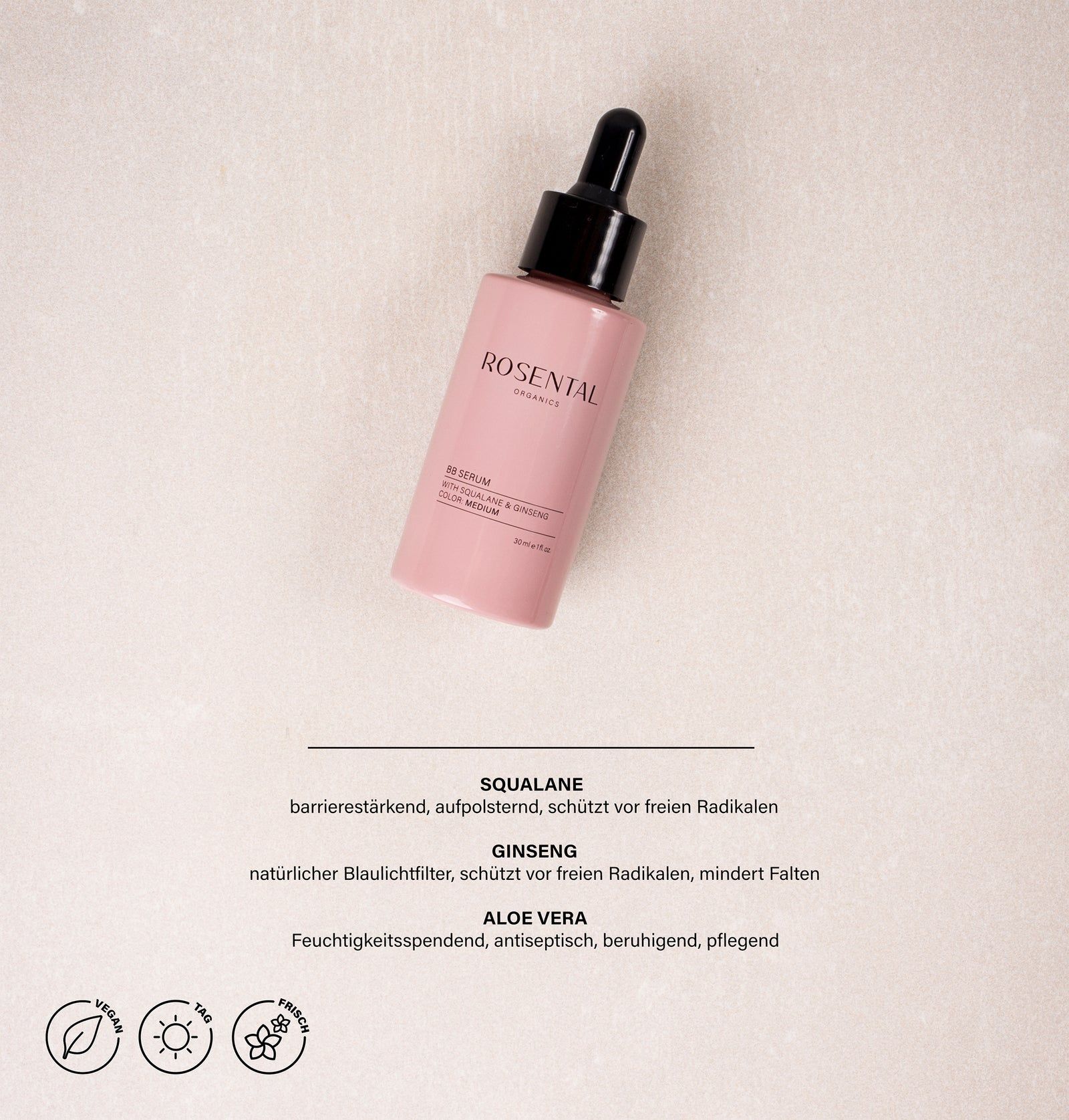 Rosa Flasche mit Text: Rosental Organics, BB Serum. Inhaltsstoffe: Squalane, Ginseng, Aloe Vera. Vegan-Siegel.