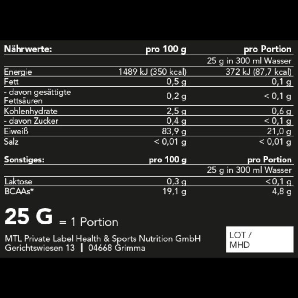 Nährwerttabelle. Angaben pro 100g und pro Portion. Enthält Informationen zu Energie, Fett, Kohlenhydraten, Eiweiß und Salz.