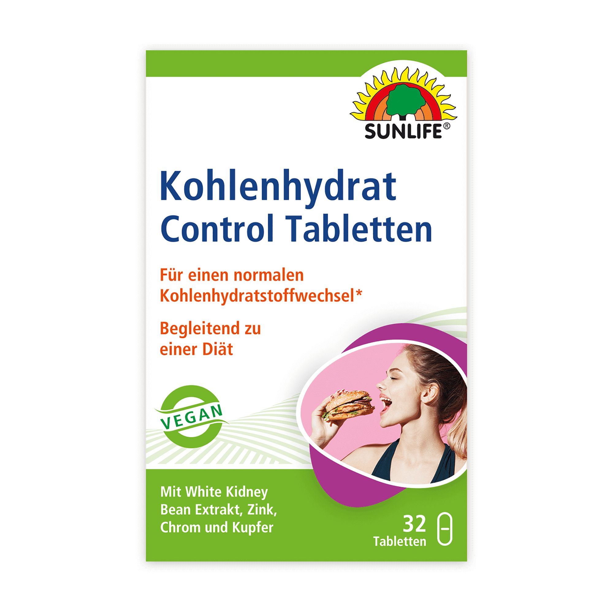 Tablettenverpackung. Aufschrift: Kohlenhydrat Control Tabletten. Enthält 32 Tabletten. Vegan-Siegel.
