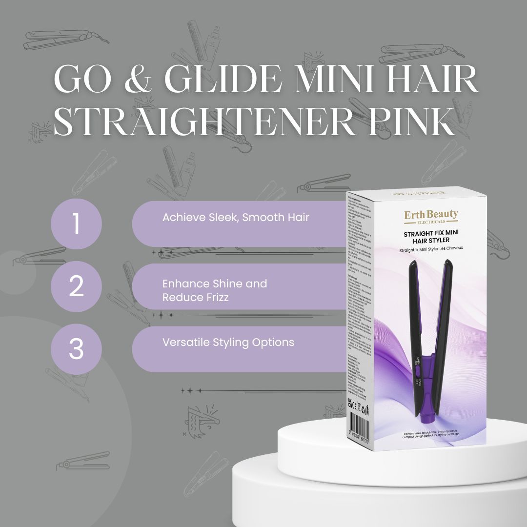 Produkt und Verpackung auf Podest. Text: Go & Glide Mini Hair Straightener Pink. Marke: Erth Beauty Electricals. Mini Haarstyler.