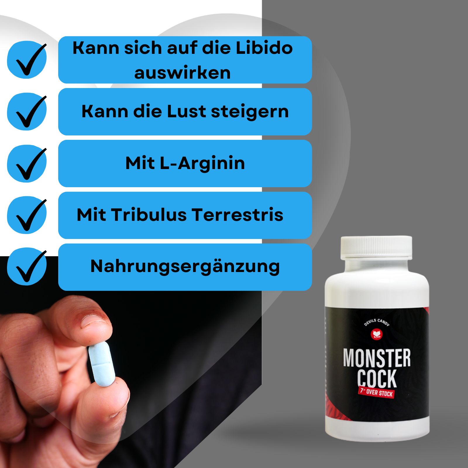 Blaue Tablette in der Hand. Flasche MONSTER COCK. Text: Kann die Libido steigern.
