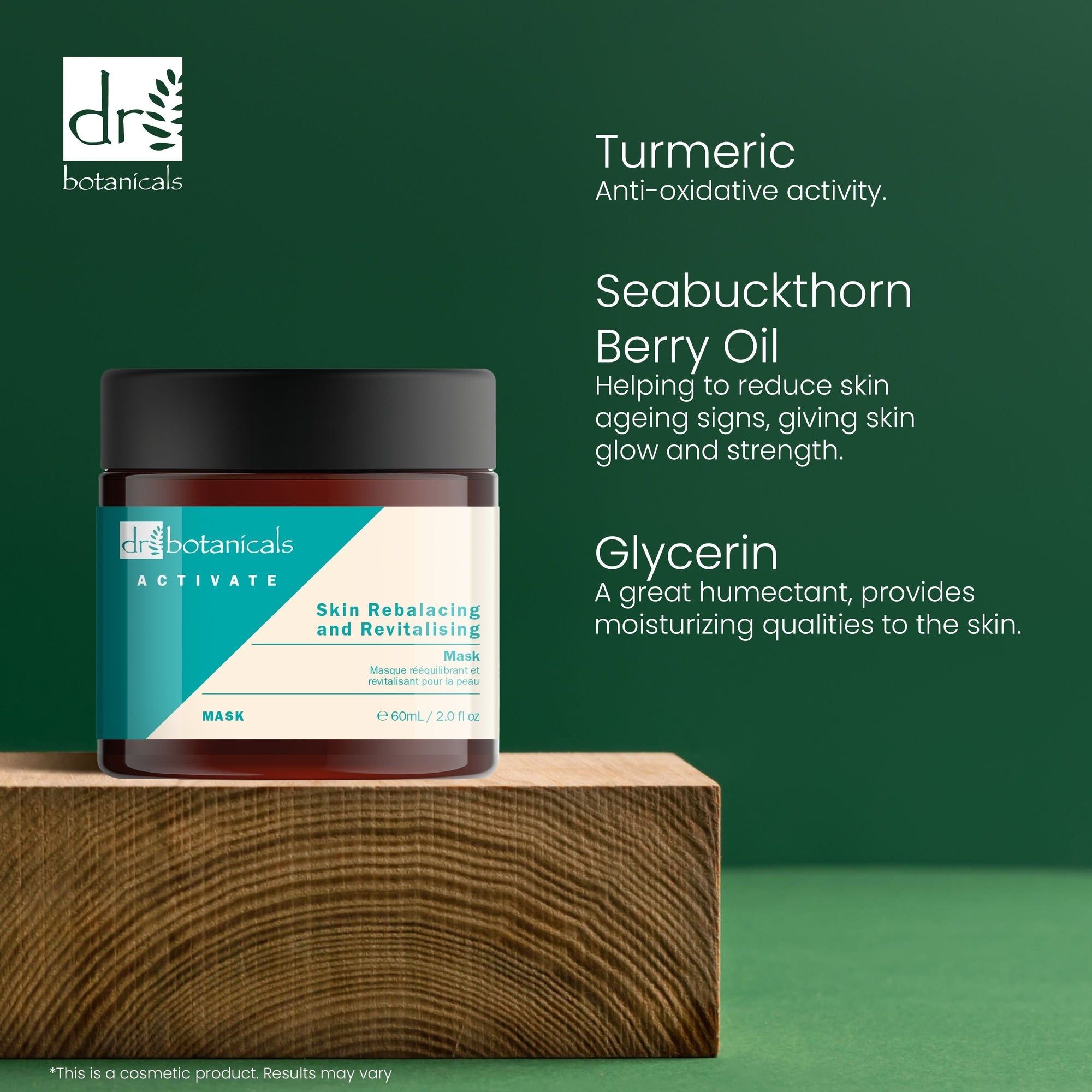 Braune Glasdose mit schwarzem Deckel auf Holzblock. Etikett mit Produktnamen und Marke. Text: Skin Rebalacing and Revitalising Mask. Inhaltsstoffe.