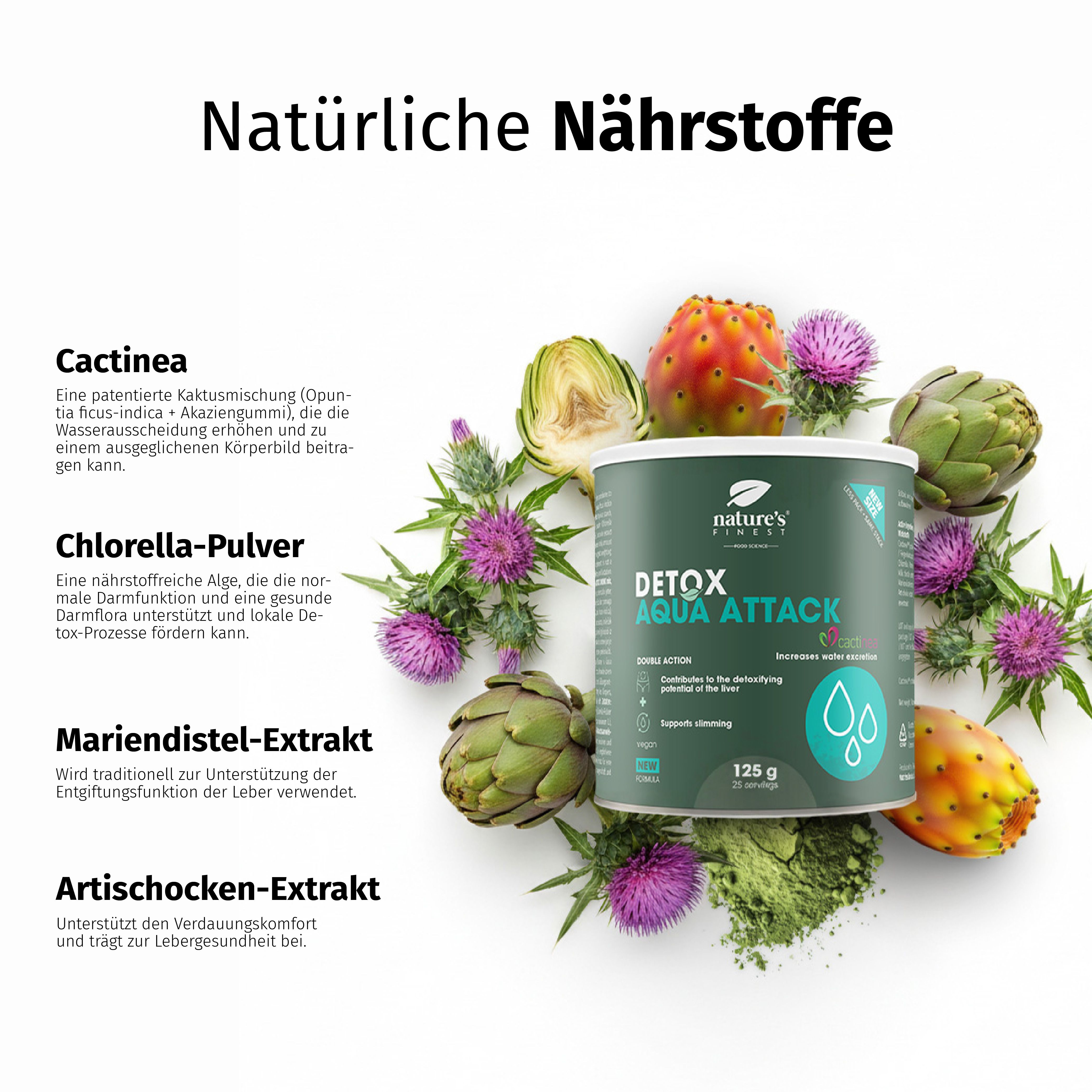 Dose Nature's Finest Detox Aqua Attack umgeben von Kaktusfeige, Artischocke und Chlorella.