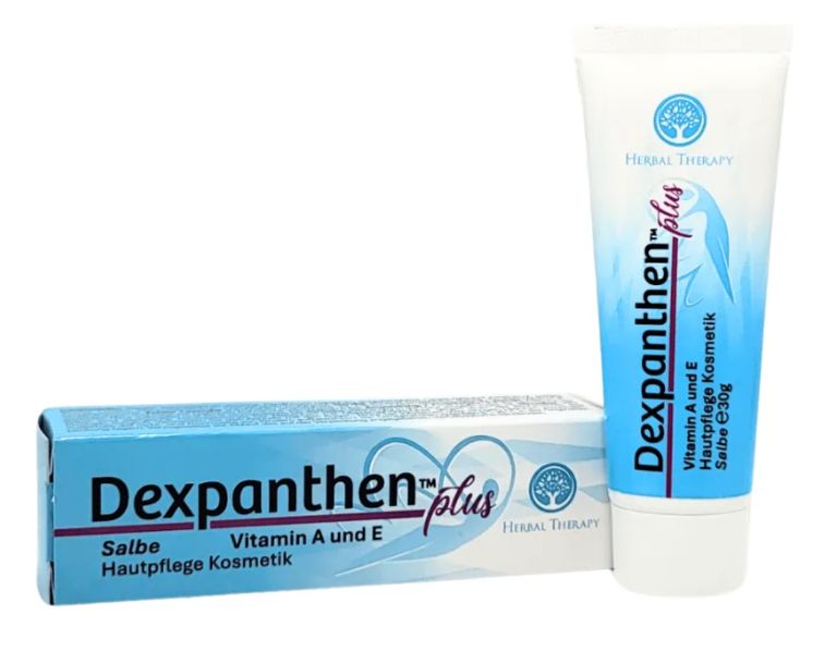 Tube und Schachtel Herbal Therapy Dexpanthen Plus. Salbe für Hautpflege Kosmetik. Enthält Vitamin A und E.