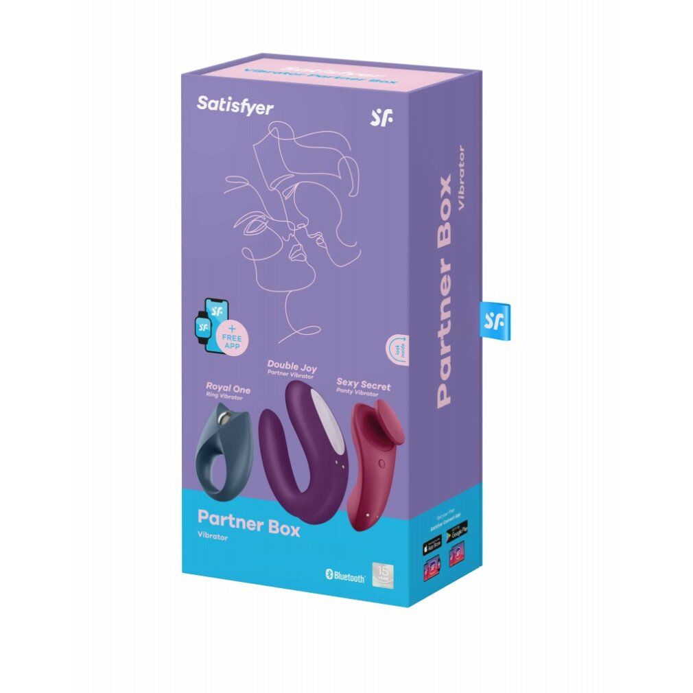 Lila Verpackung mit Produktabbildungen. Text: Partner Box, Royal One, Double Joy, Sexy Secret.