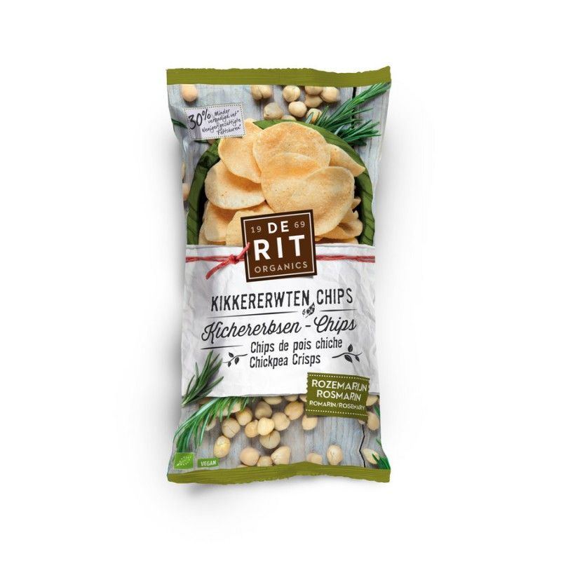 Verpackung mit Kichererbsen-Chips. Aufschrift: Kichererbsen-Chips Rosmarin. Grün-weißes Design mit Produktabbildung.