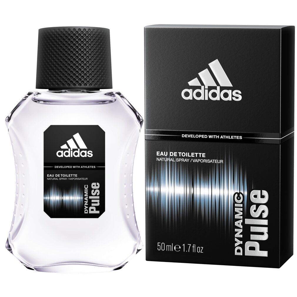 Adidas Dynamic Pulse Eau de Toilette. Flakon und Verpackung. Schwarze Verpackung mit Logo und Produktinformationen. Klarer Flakon.