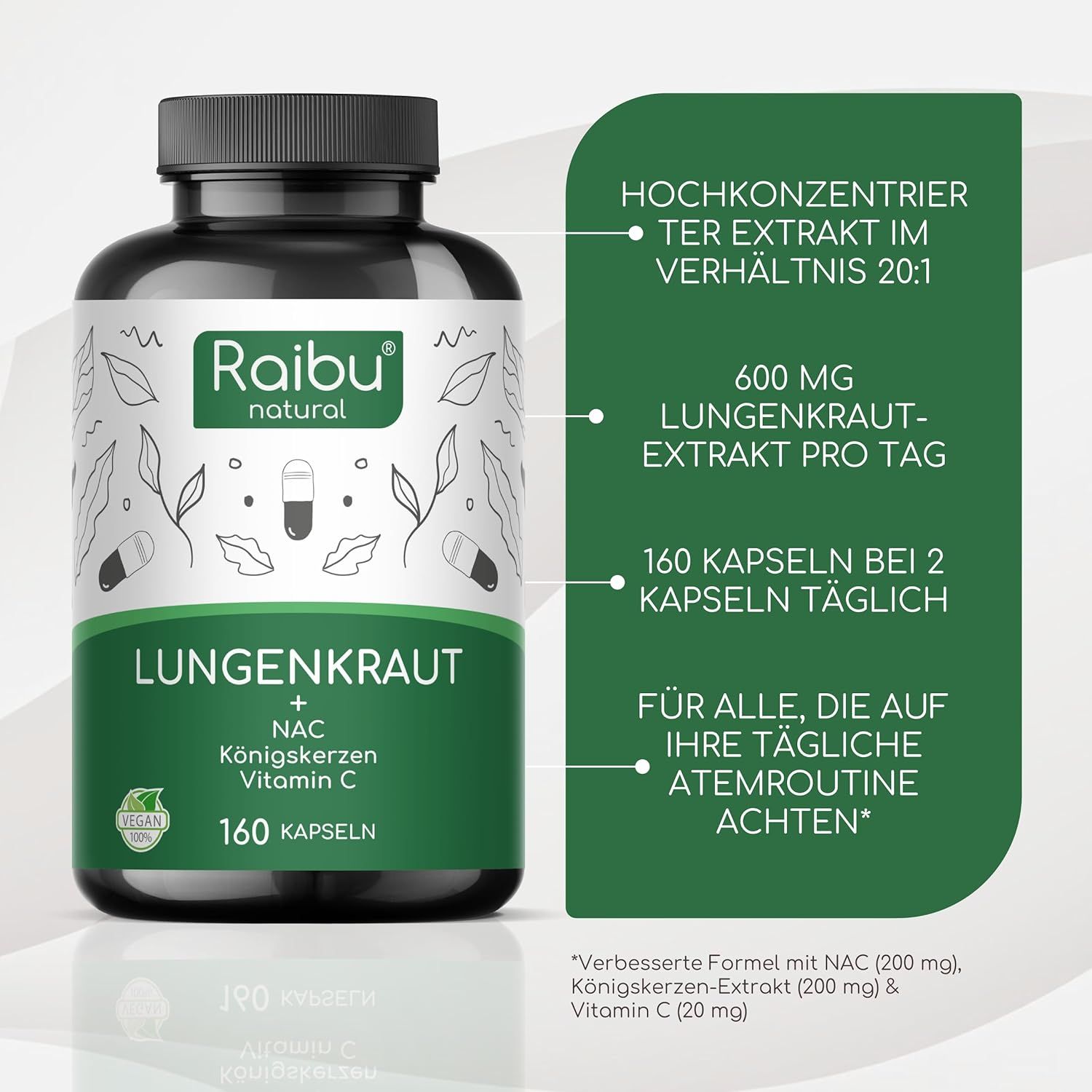 Schwarze Flasche mit Kapseln. Etikett mit Produktinformationen: Lungenkraut, NAC, Königskerzen, Vitamin C. 160 Kapseln. Text: 600 mg Lungenkraut-Extrakt pro Tag.