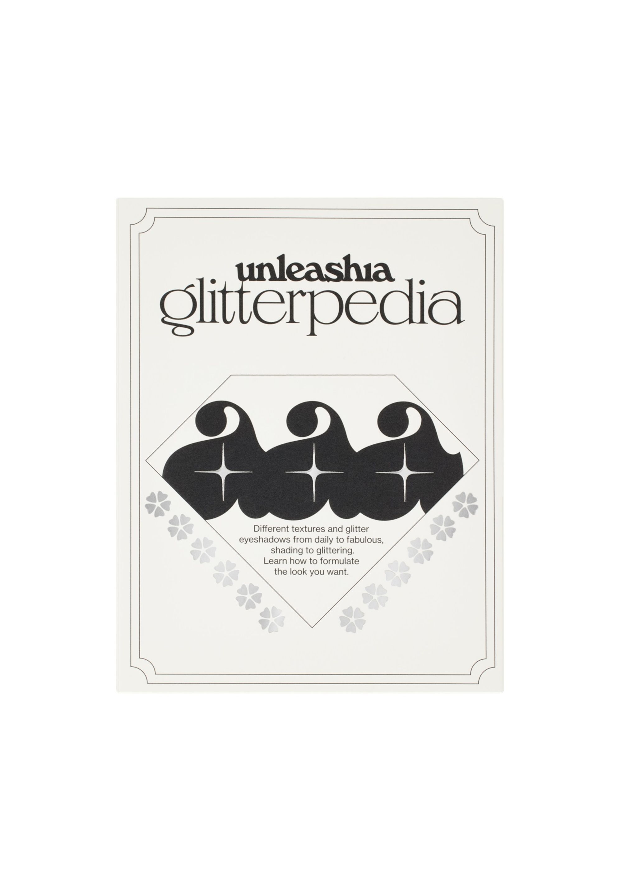 Verpackung von Unleashia Glitterpedia. Weißer Hintergrund mit schwarzem Logo und Text. Enthält eine Diamantform mit Wellen.