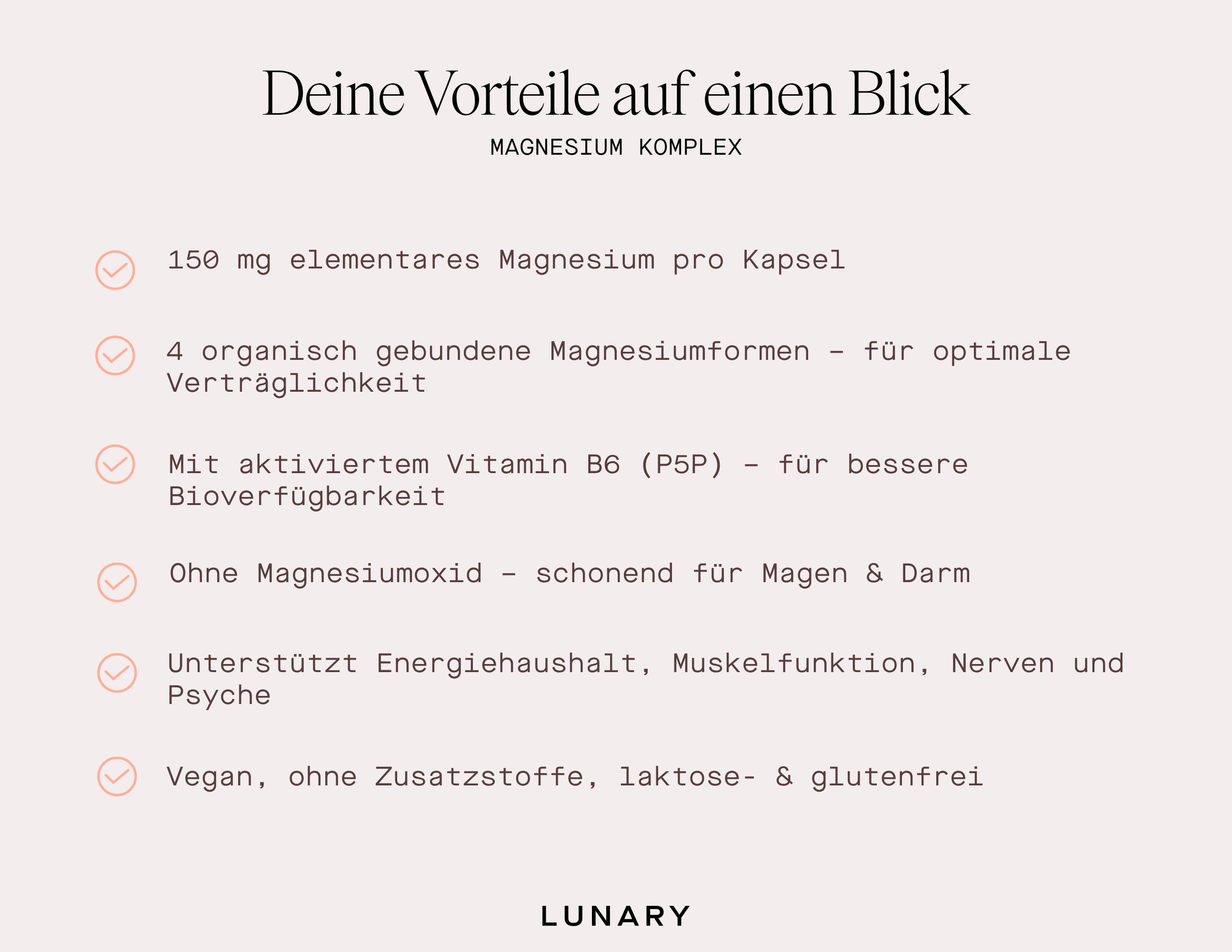 Text: Deine Vorteile auf einen Blick. 150 mg Magnesium pro Kapsel, 4 organische Magnesiumformen, mit Vitamin B6, ohne Magnesiumoxid.