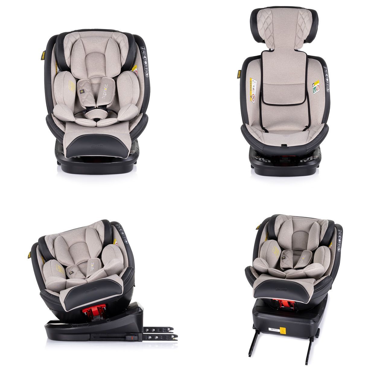 Beiger Kindersitz mit 5-Punkt-Gurt, verstellbarer Kopfstütze und schwarzem Sockel.