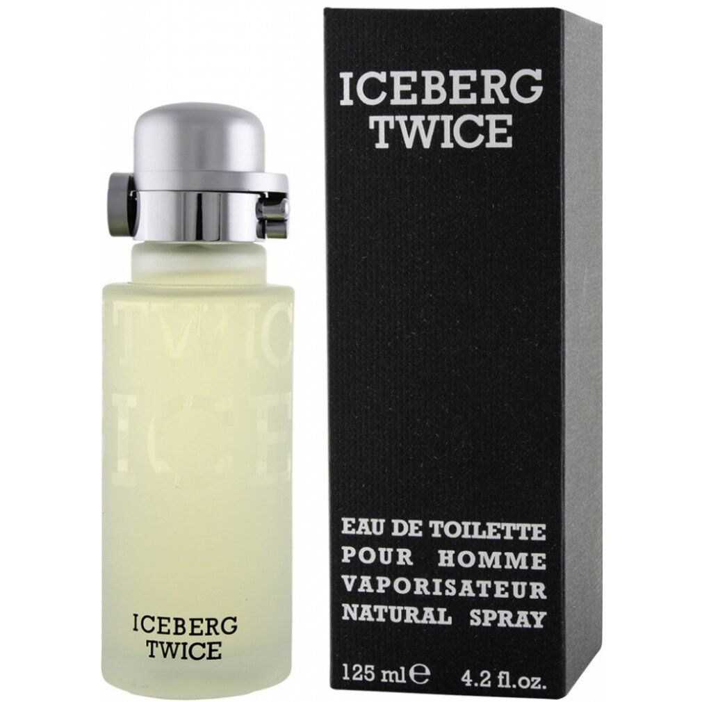 Flakon und Schachtel. Flakon mit silbernem Verschluss. Schwarze Schachtel mit weißem Schriftzug ICEBERG TWICE. Text: Eau de Toilette Pour Homme.