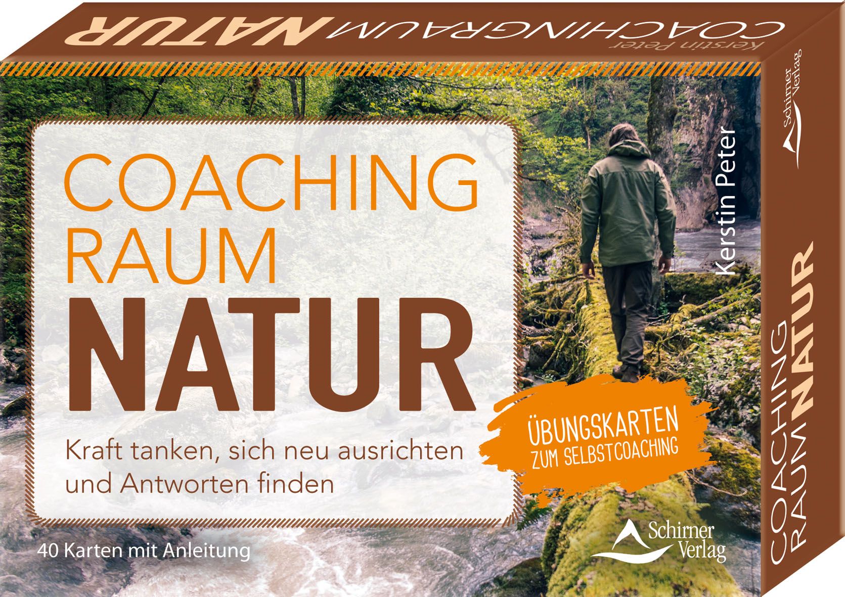 Kartenbox "Coachingraum Natur". Titel und Text in brauner Schrift auf weißem Hintergrund. Abgebildet ist eine Person in der Natur.
