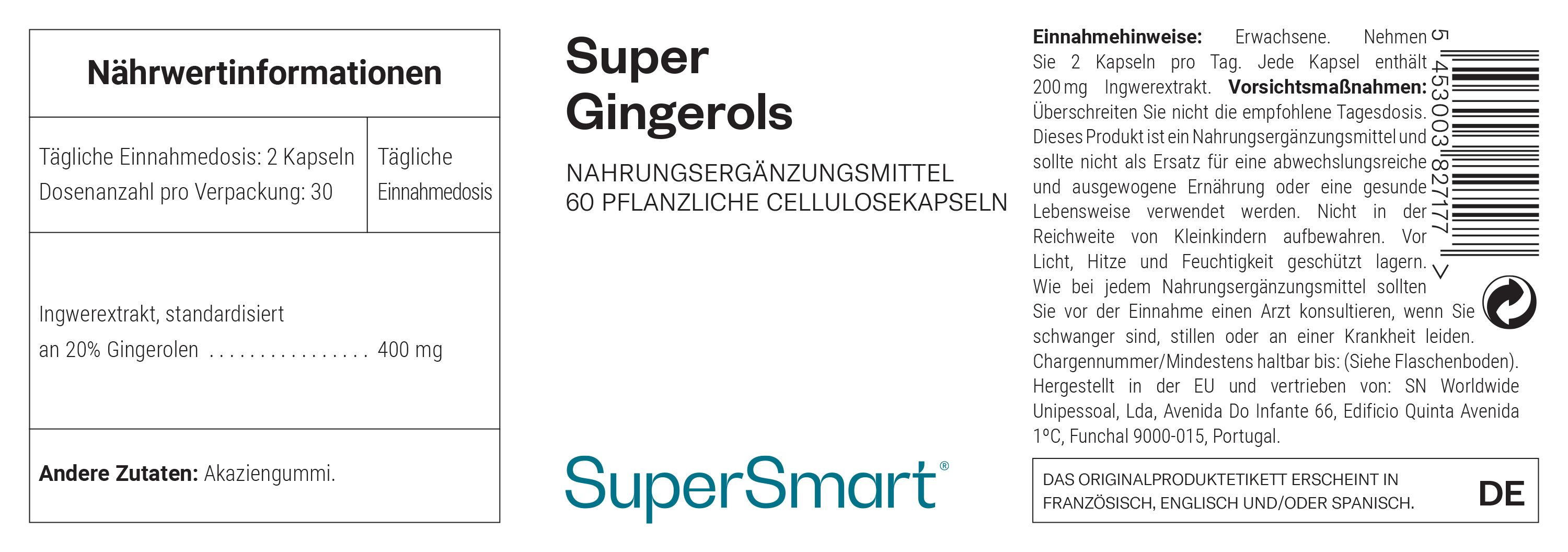 Nahrungsergänzungsmittel Super Gingerols. 60 pflanzliche Zellulosekapseln. Enthält Ingwerextrakt. Marke SuperSmart.