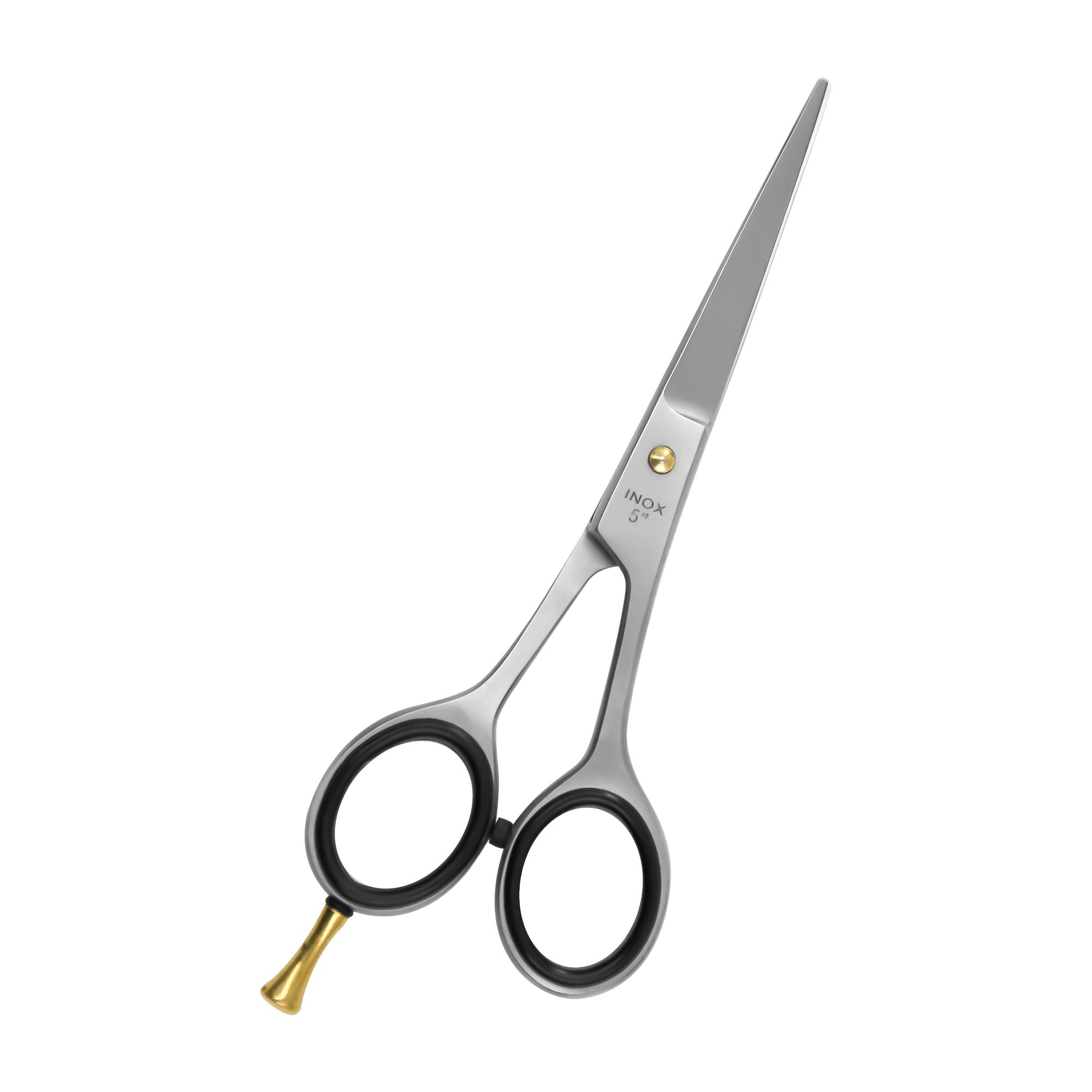 Silberne Friseurschere mit schwarzen Griffen und goldfarbener Schraube. Beschriftung: "Inox 6".