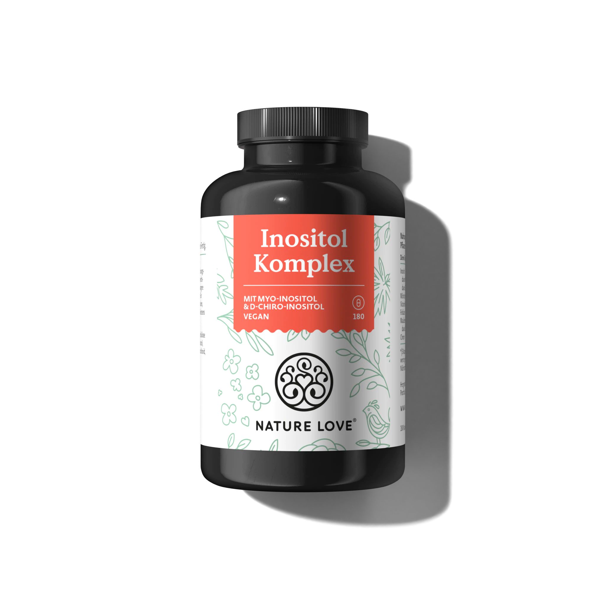 Schwarze Flasche mit rotem Etikett. Aufschrift: Inositol Komplex, mit Myo-Inositol, D-Chiro-Inositol, vegan. Marke: Nature Love. 180 Kapseln.