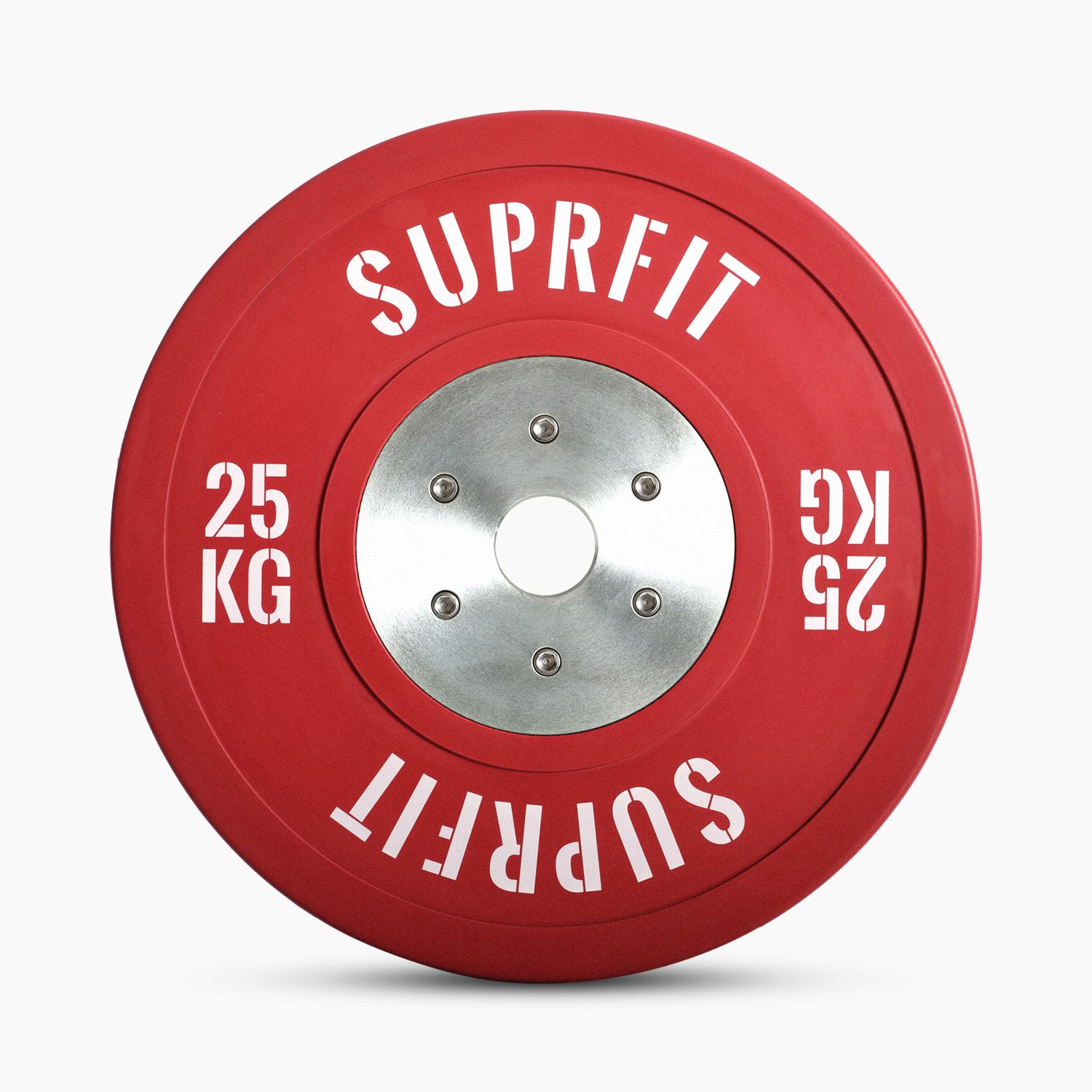 Rote Suprfit Pro Competition Bumper Plate. 25 KG Gewicht. Silberne Mitte mit Schrauben. Aufschrift: SUPRFIT.