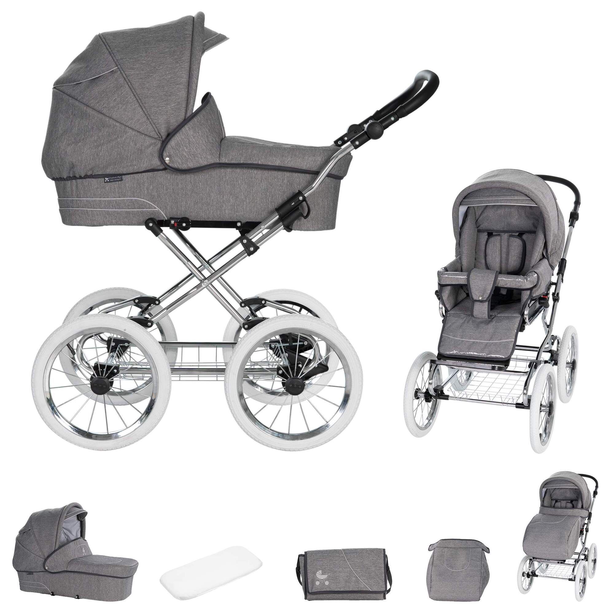 Kombikinderwagen, anthrazitfarbenes Verdeck und Sitz, Chromgestell, weiße Räder. Zubehör: Babywanne, Wickeltasche, Matratze.
