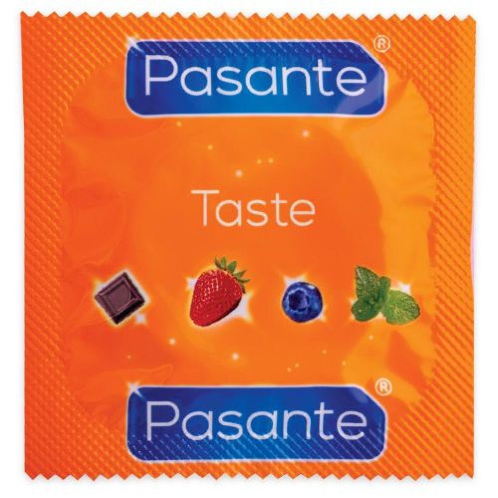 Einzelverpackung Pasante Taste Kondom. Mit Erdbeere, Blaubeere, Minze und Schokolade abgebildet.