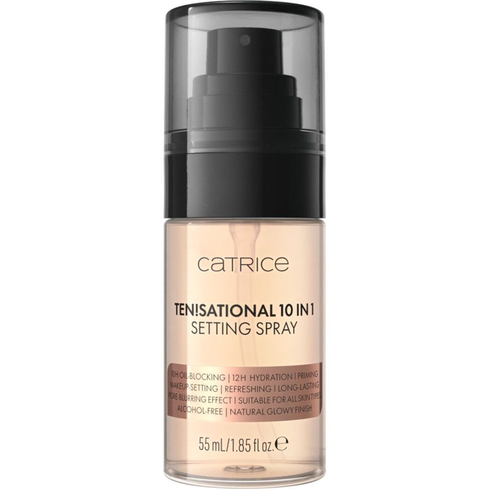 Setting Spray von Catrice. Transparente Flasche mit schwarzem Sprühkopf. Produktname und Eigenschaften aufgedruckt. 55 ml.