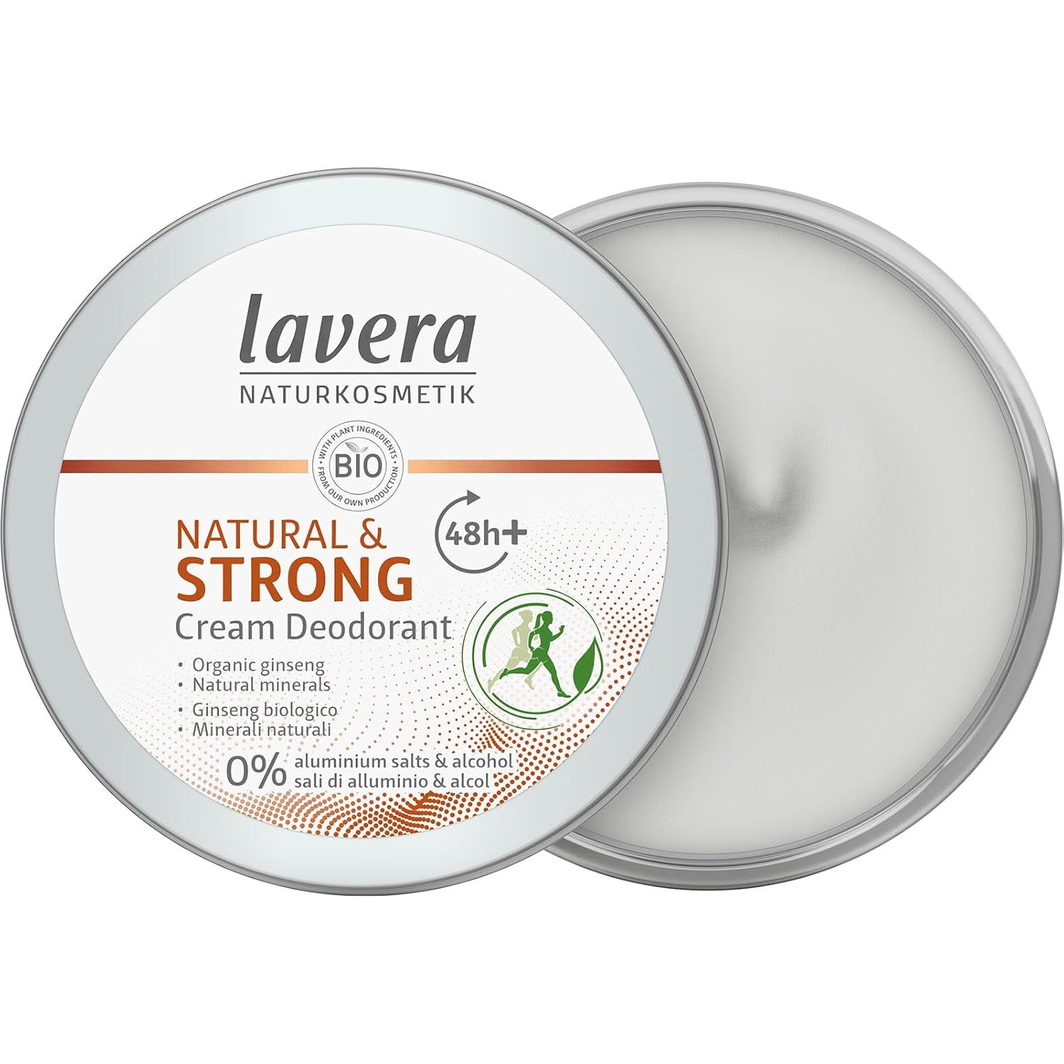 Creme-Deodorant in Dose. Marke: lavera. Aufschrift: NATURAL & STRONG, 48h+, 0% Aluminiumsalze. Bio-Siegel. Offene Dose mit Creme.