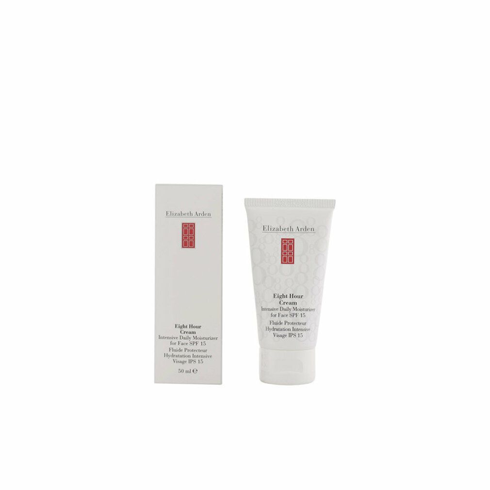 Elizabeth Arden Eight Hour Cream Tube und Schachtel. Weiße Verpackung. Text: Intensive Daily Moisturizer for Face SPF 15.