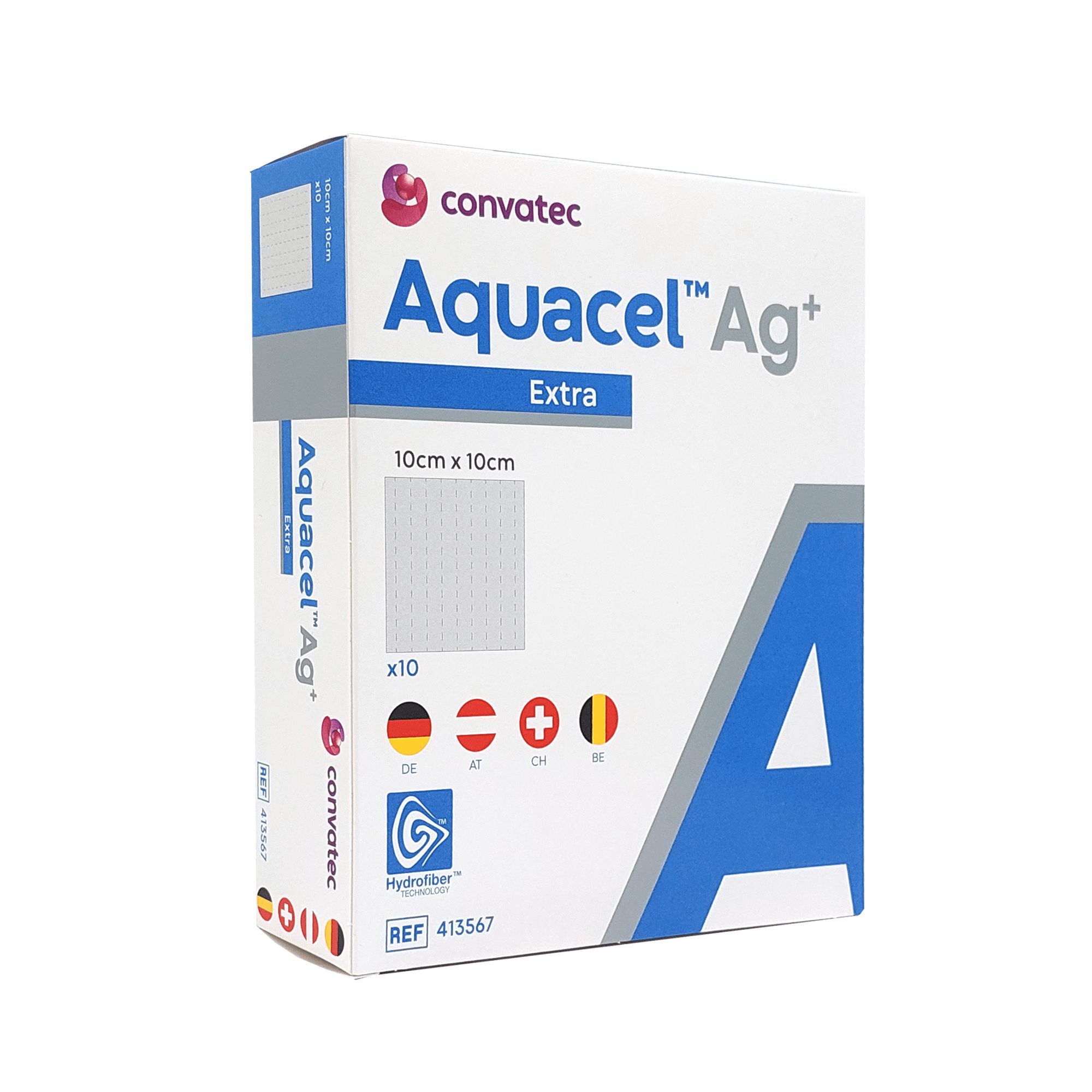 Aquacel Ag+ Extra Verpackung. Box mit Produktnamen, Größe 10x10cm, und Länderflaggen. Enthält 10 Stück. Marke Convatec.