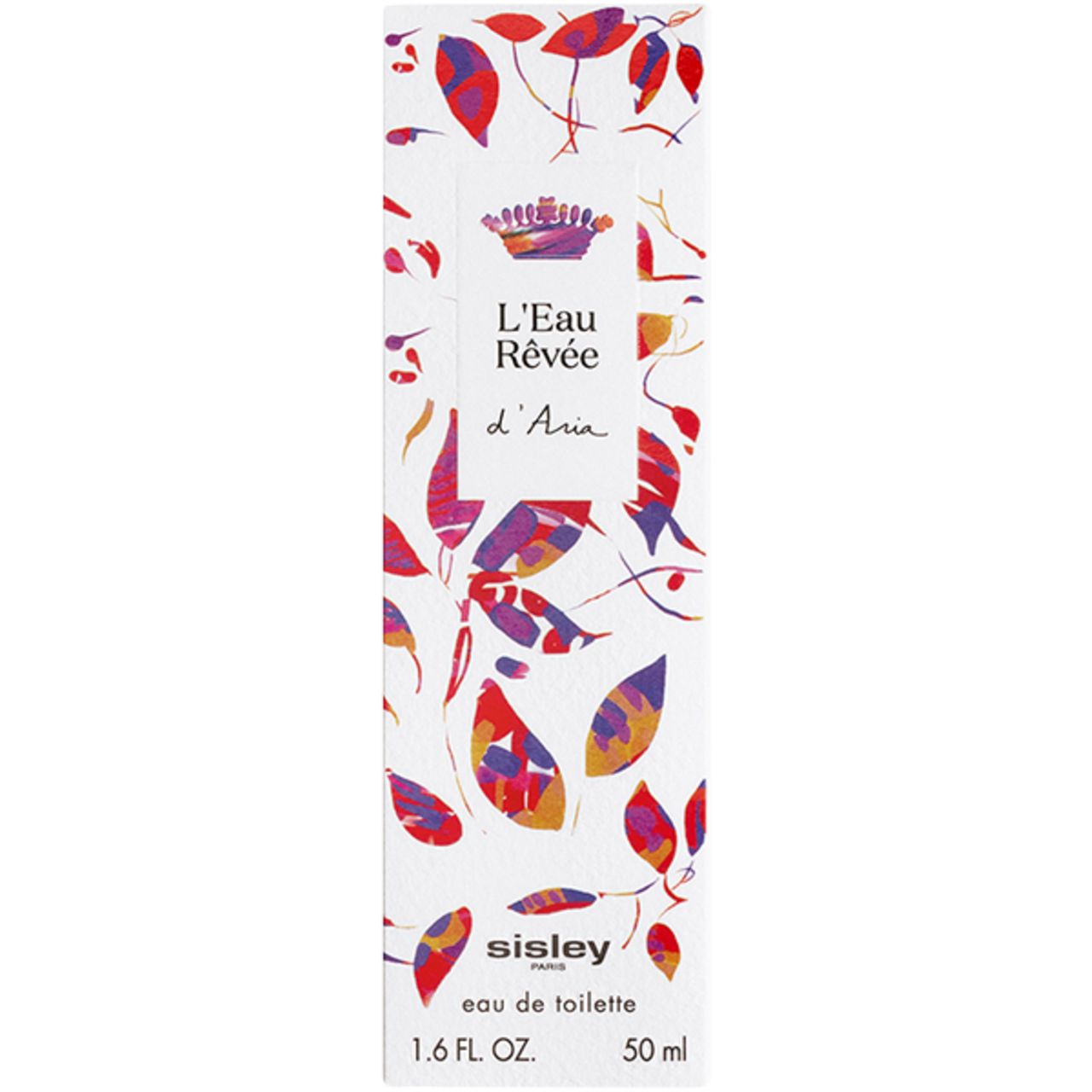 Sisley L'Eau Rêvée d'Aria EdT Nat. Spray-Verpackung. Rechteckige Schachtel mit floralem Muster und Produktnamen.