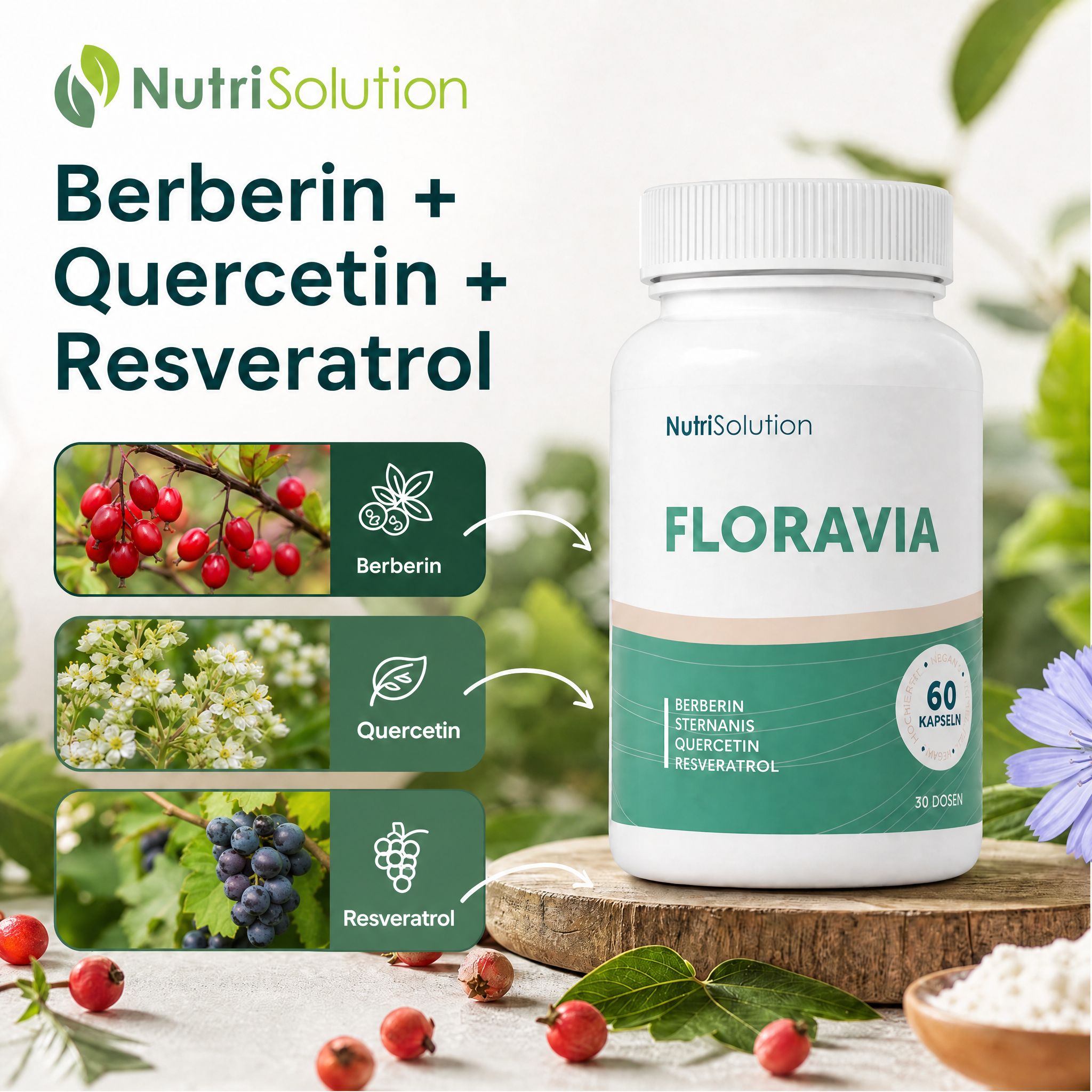 NutriSolution Floravia Flasche mit Berberitze, Quercetin und Resveratrol. Zutatenbilder.