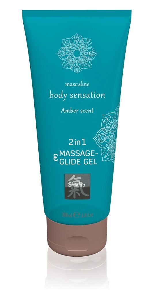 Türkisfarbene Tube mit braunem Deckel. Aufschrift: Body Sensation, Amber Scent, 2in1 Massage- & Glide Gel.