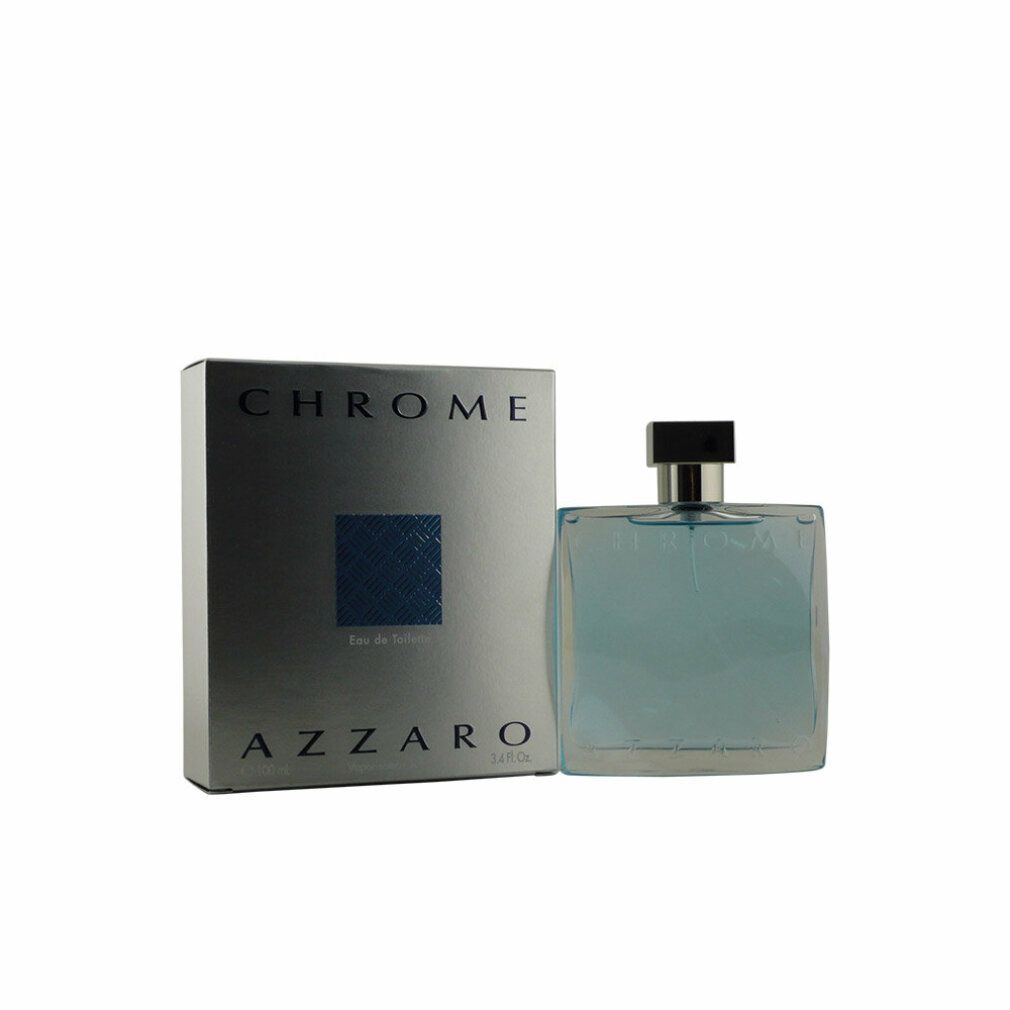 Flakon und Verpackung. Flakon mit blauer Flüssigkeit, silbernem Verschluss. Verpackung mit "CHROME" und "AZZARO" Schriftzug.