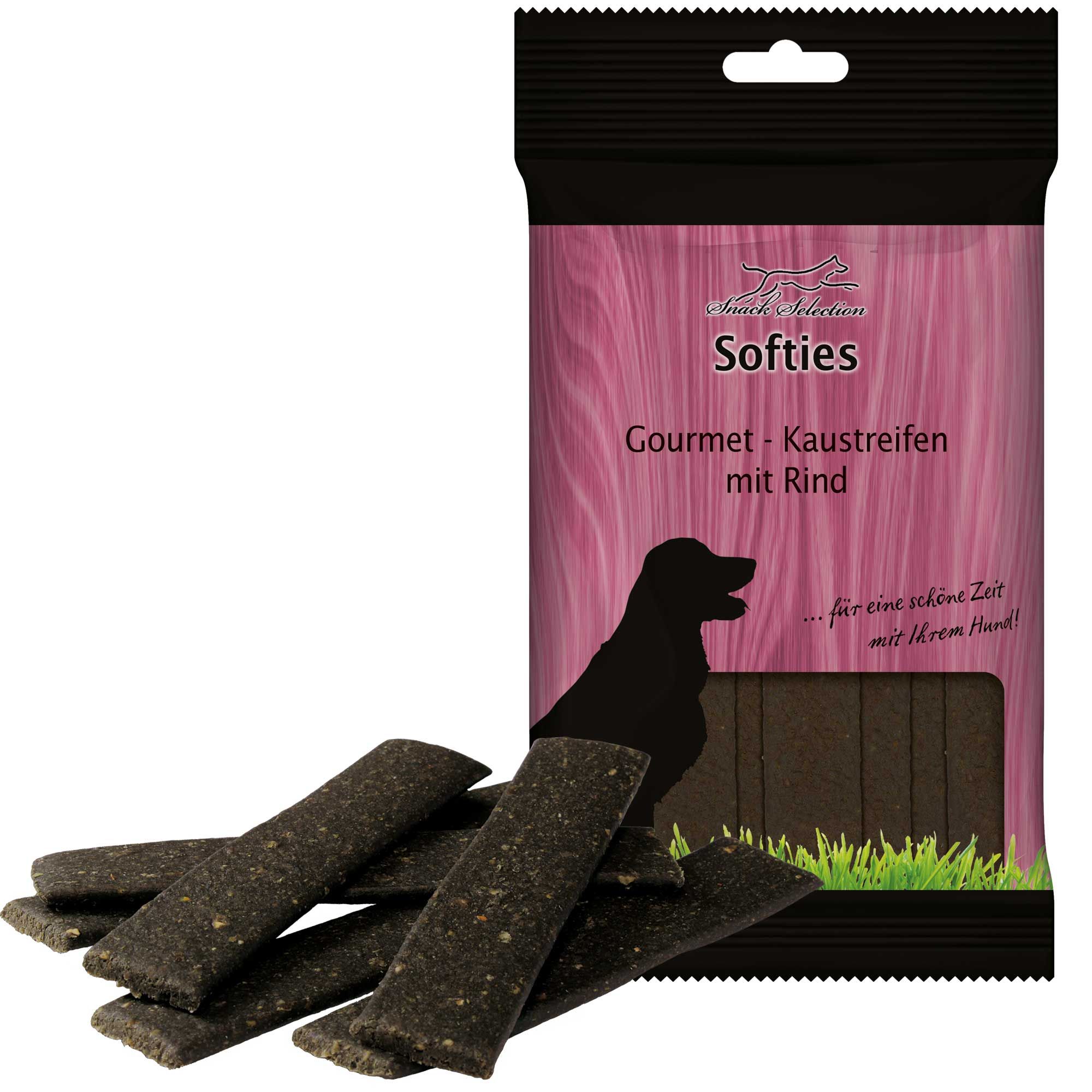 Softies Gourmet-Kaustreifen mit Rind, in Verpackung und lose. Schwarze Verpackung, Produktstreifen daneben.
