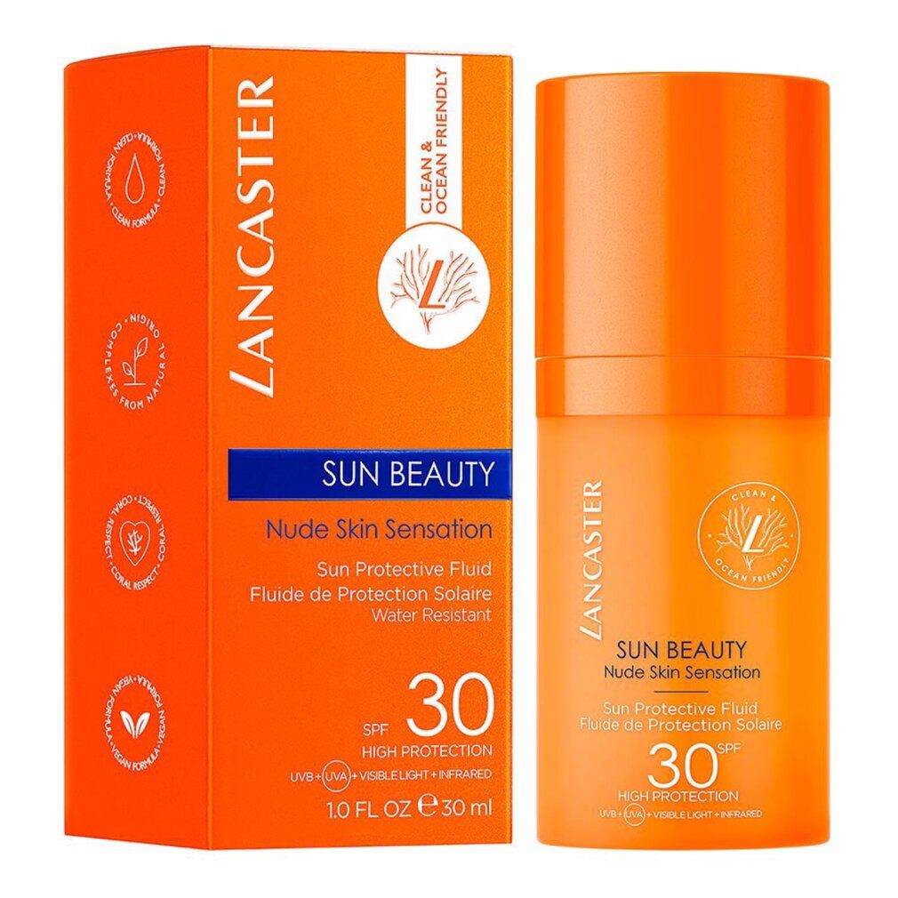 Orangefarbene Schachtel und Flasche. Aufschrift: Lancaster SUN BEAUTY, Nude Skin Sensation, SPF 30. Vegan-Siegel. 10 FL OZ e 30 ml.