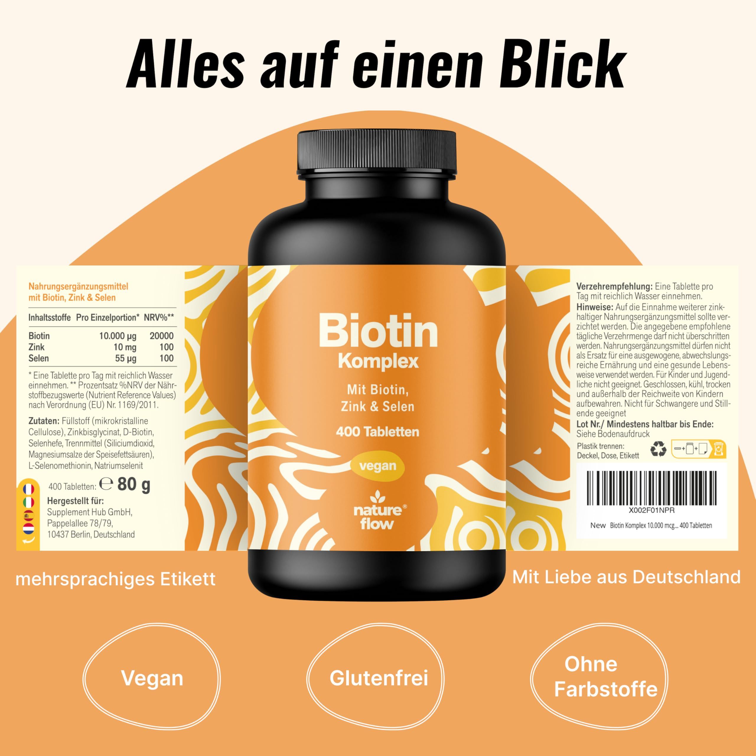 Produktflasche mit Etikett. Text: Biotin Komplex, 400 Tabletten. Zusätzliche Texte: Vegan, Glutenfrei, Ohne Farbstoffe. Etikett mit Inhaltsangaben.