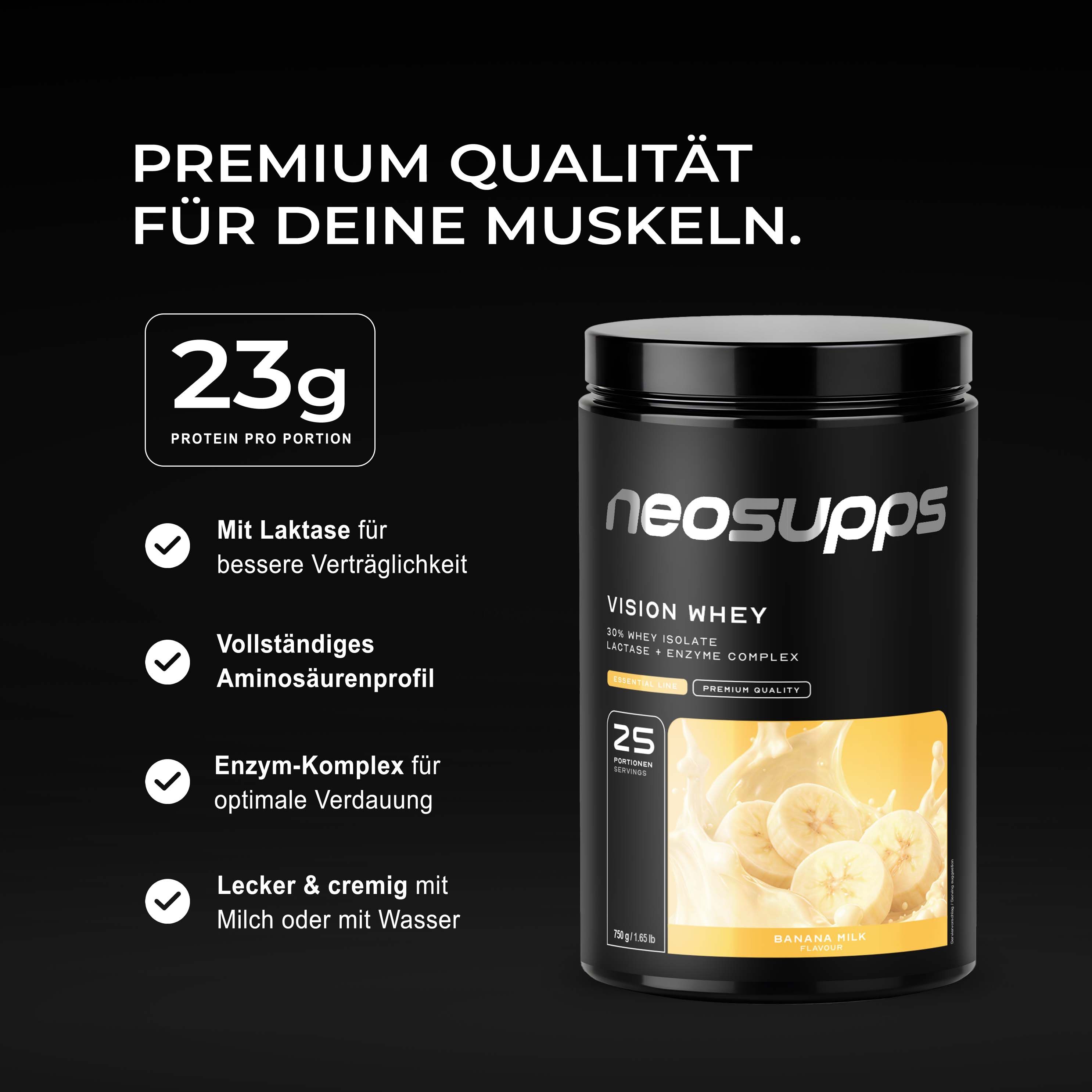 Neosupps Vision Whey Protein Dose mit Text und Merkmalen: 23g Protein, Laktase, Enzym-Komplex.