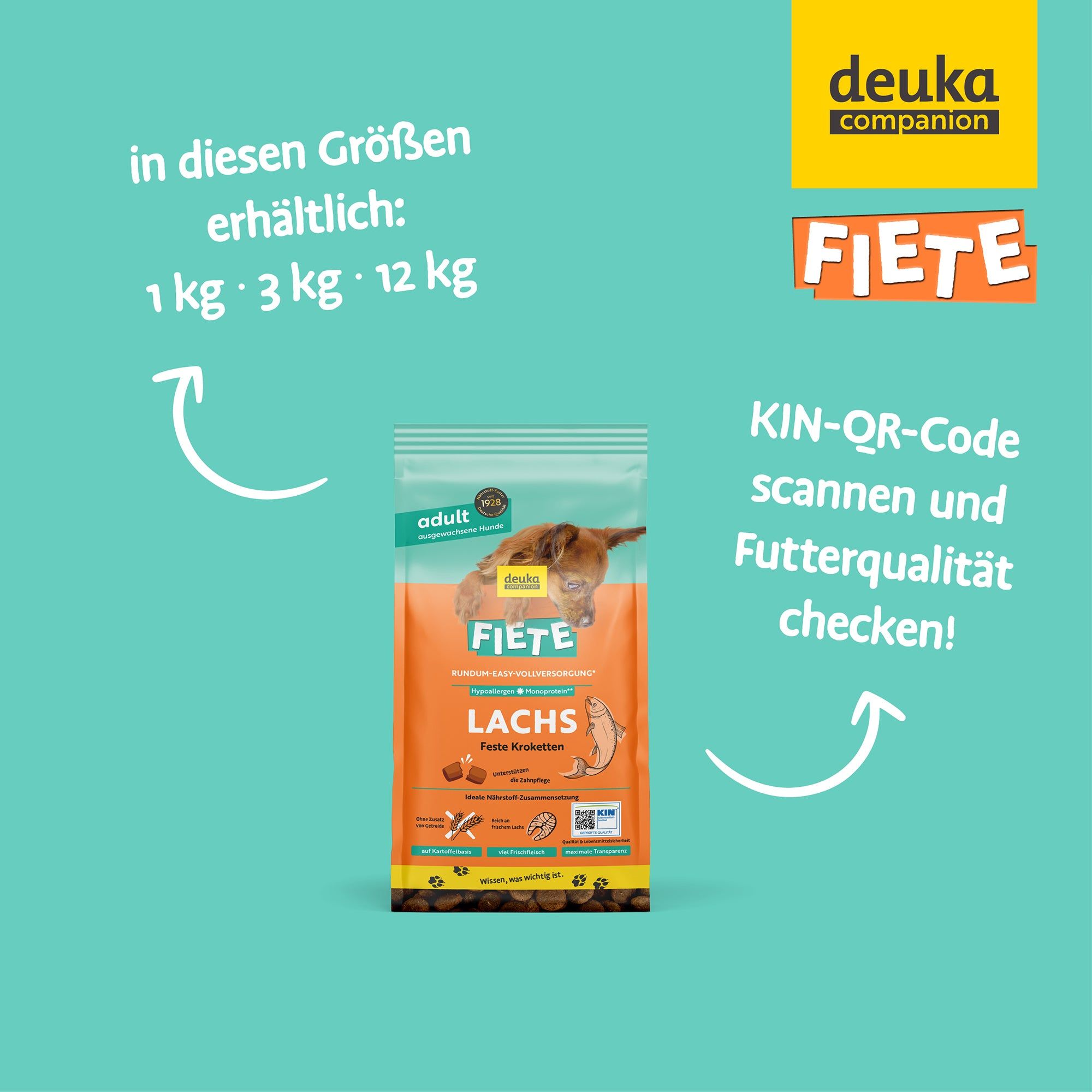 FIETE Adult Lachs Trockenfutter-Packung. Größen: 1 kg, 3 kg, 12 kg. QR-Code zum Scannen für Futterqualität.