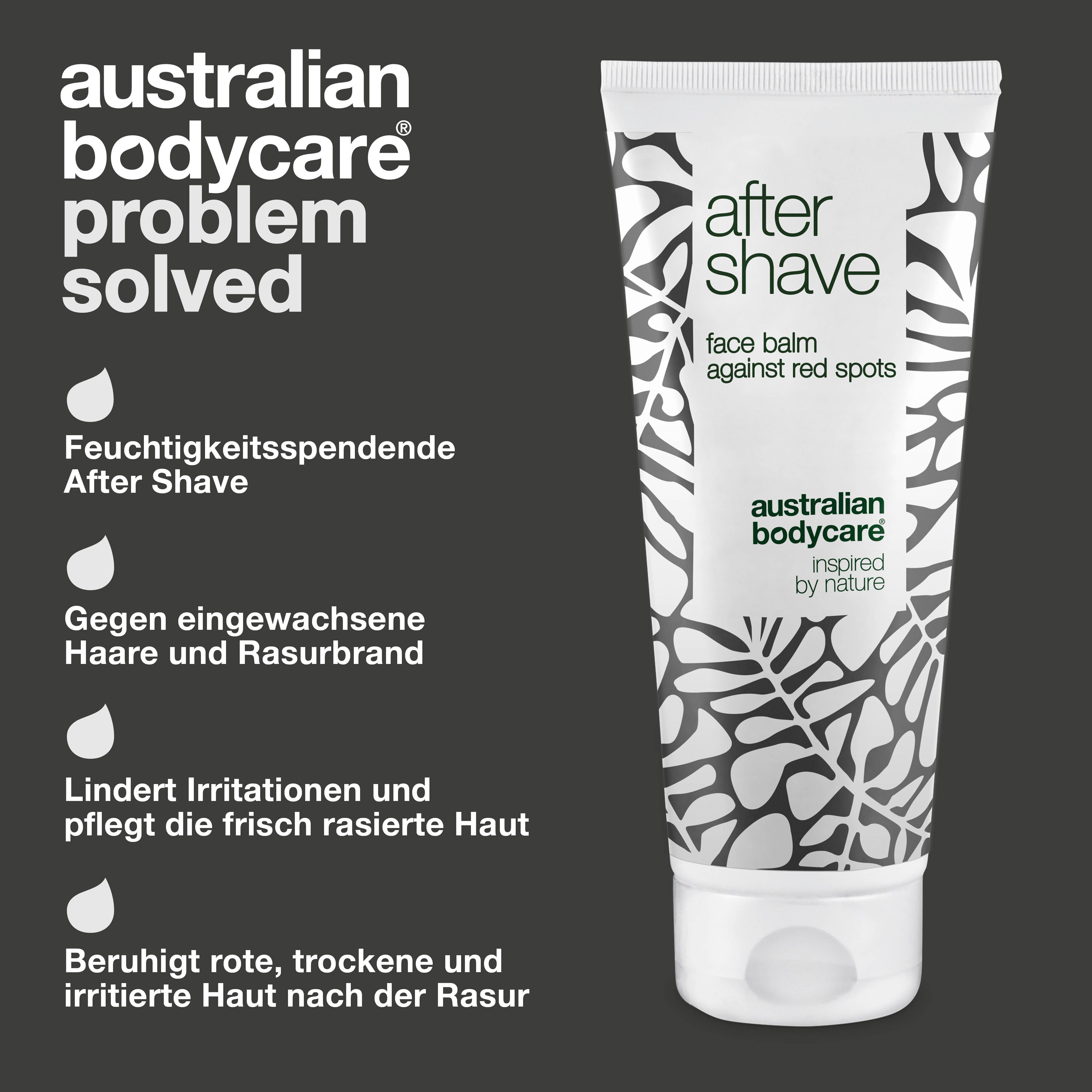 Tube After Shave Balsam. Text: After Shave, face balm against red spots, Australian Bodycare. Aufzählungspunkte: Feuchtigkeit, eingewachsene Haare, Hautirritationen.