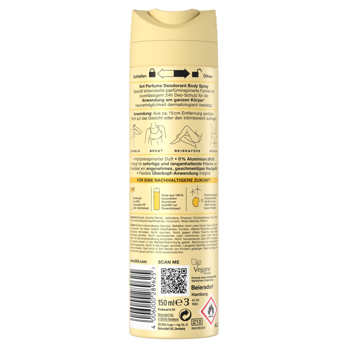 Rückseite einer 8X4 Body Spray Sunny Spirit Deodorant-Sprühdose mit Anwendungshinweisen und Inhaltsstoffen.