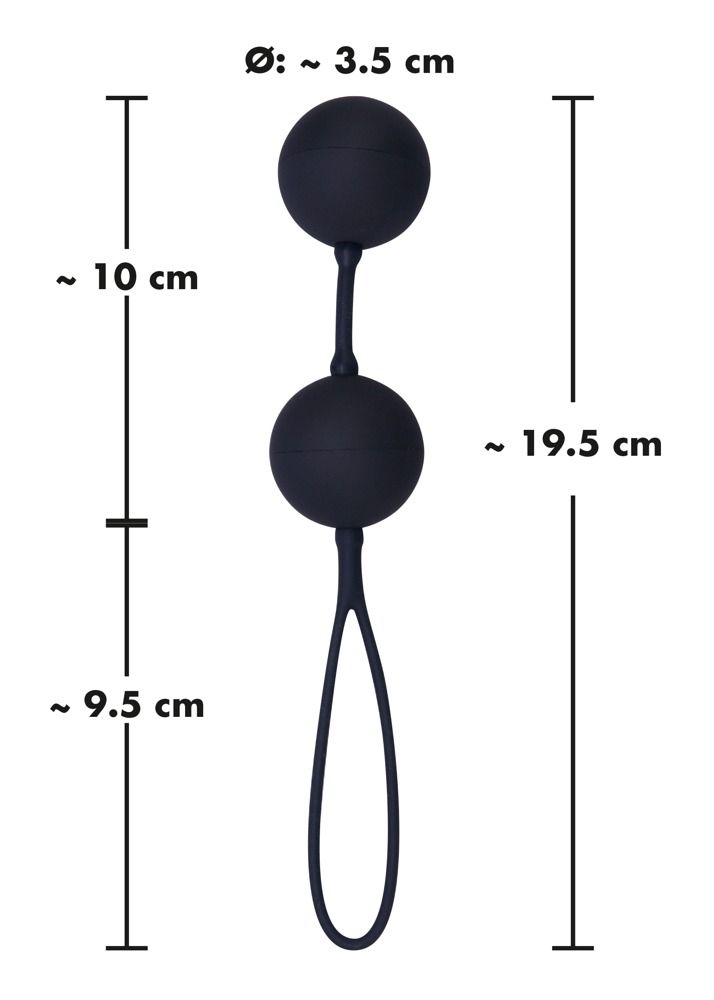 Zwei schwarze Kugeln, verbunden durch einen Steeg und eine Schnur. Maße: Ø 3,5 cm, 10 cm, 19,5 cm, 9,5 cm. Schwarzer Hintergrund.
