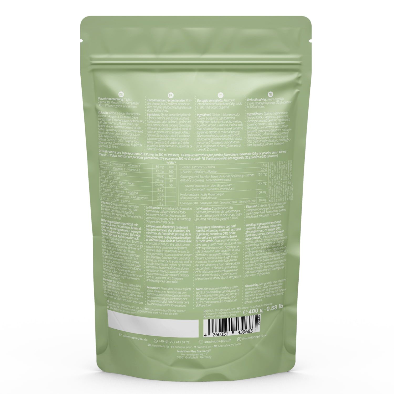 Rückseite eines grünen Beutels. Text: Nährwertangaben, Inhaltsstoffe, Herstellerinformationen, Barcode.