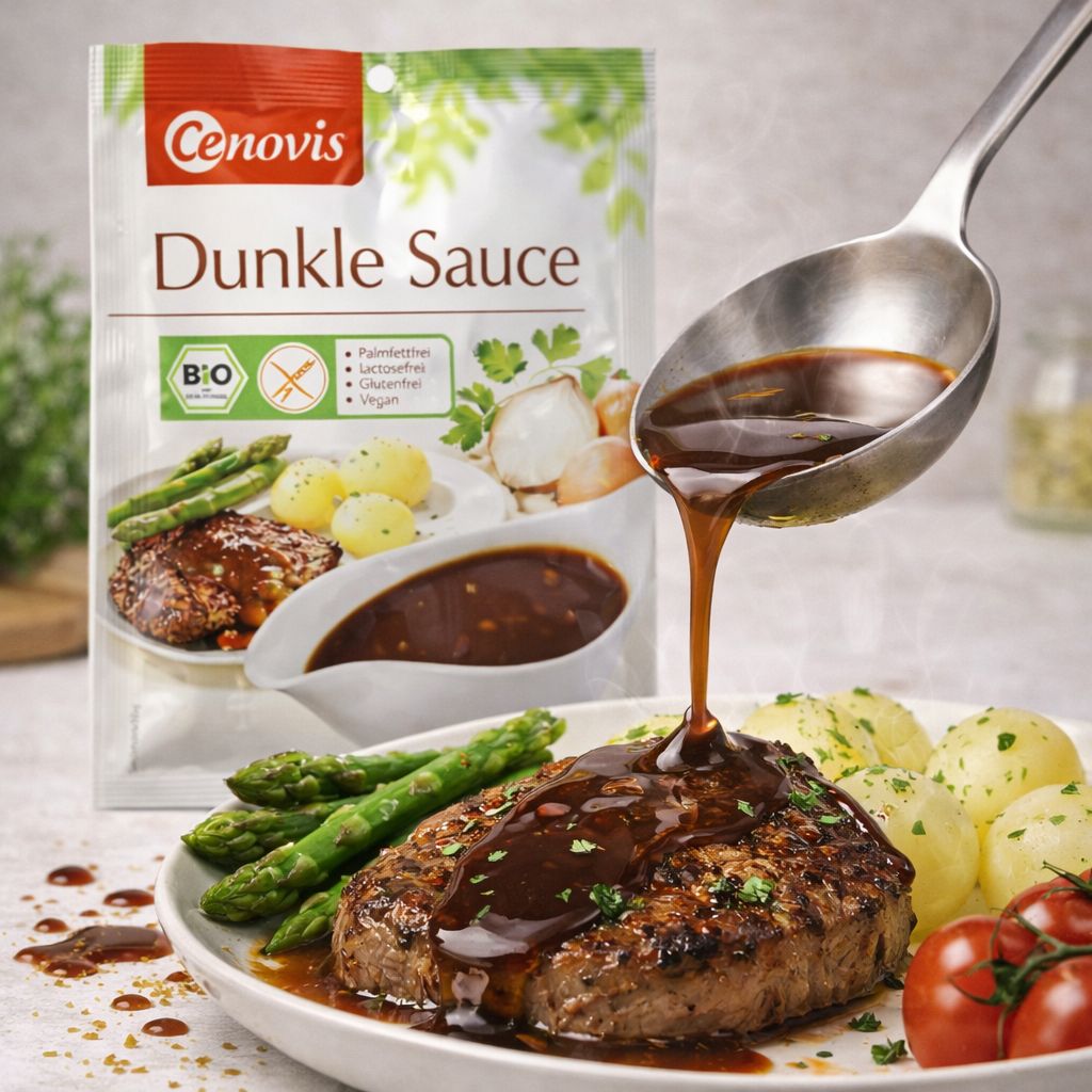 Cenovis Dunkle Sauce Bio glutenfrei Beutel mit einem Löffel Sauce über einem Steak mit Beilagen.