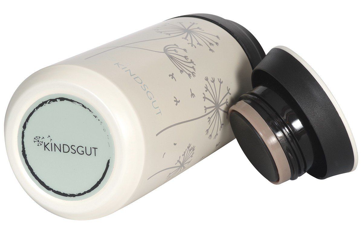 Thermosflasche mit Pusteblumen-Design, Deckel daneben. Aufschrift: Kindsgut.