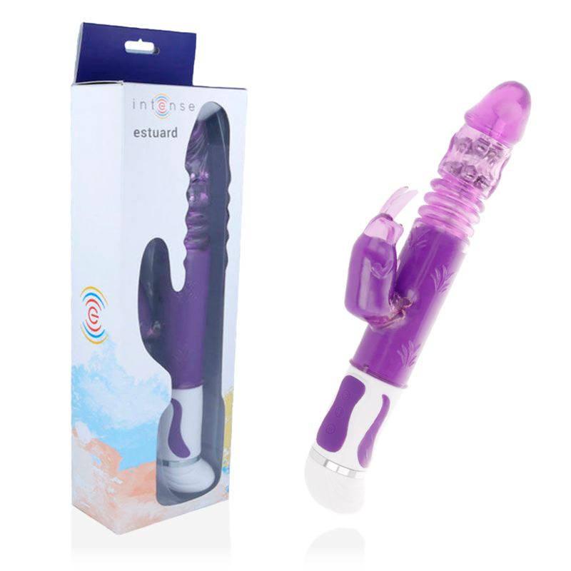 Produktverpackung mit Vibrator. Marke: Intense, Modell: Estuard. Lila Produkt sichtbar.