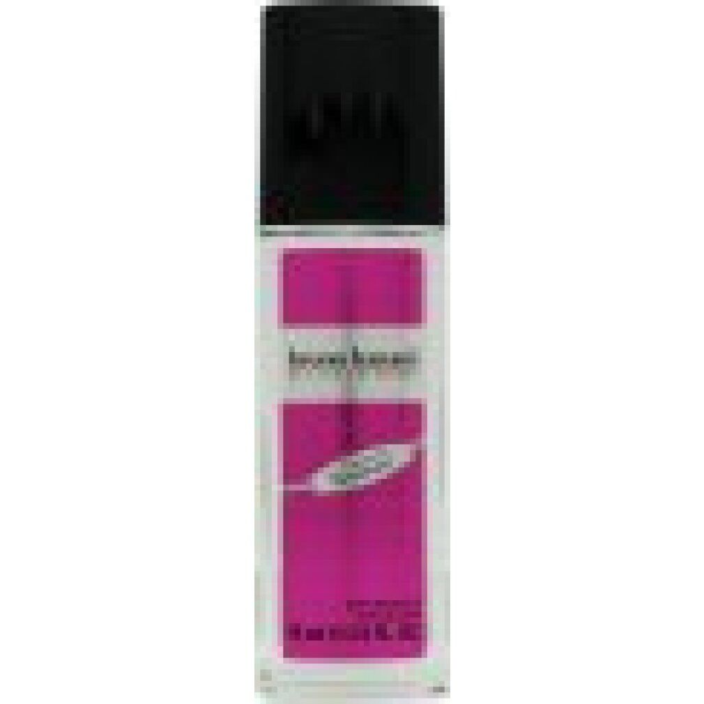 Deo Glas von bruno banani Made For Women. Transparente Flasche mit schwarzem Deckel und pinkfarbenem Etikett.