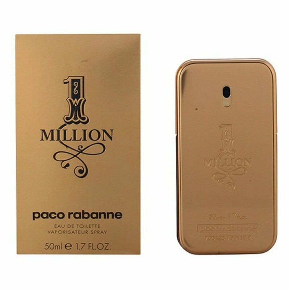 Goldene Schachtel und Flakon "1 Million". Eckige Form, schwarzer Sprühkopf. "paco rabanne" und Volumen.