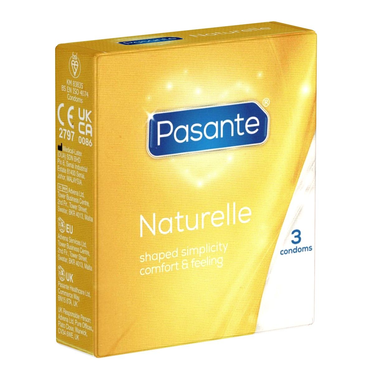 Boîte jaune Pasante Naturelle, contenant 3 préservatifs. Inscription: shaped simplicity comfort & feeling.